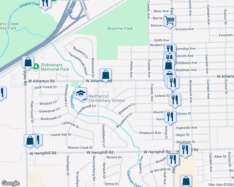 map of restaurants, bars, coffee shops, grocery stores, and more near 1501 Berrywood Lane in Flint