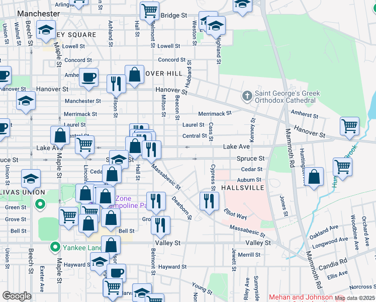 map of restaurants, bars, coffee shops, grocery stores, and more near 523 Lake Avenue in Manchester