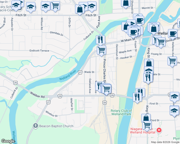 map of restaurants, bars, coffee shops, grocery stores, and more near Oakland Avenue in Welland