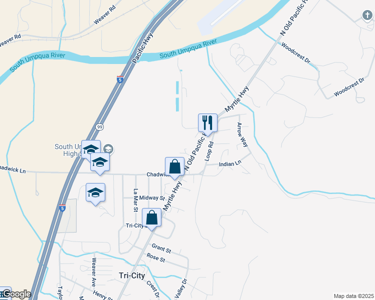 map of restaurants, bars, coffee shops, grocery stores, and more near 153 North Old Pacific Highway in Myrtle Creek