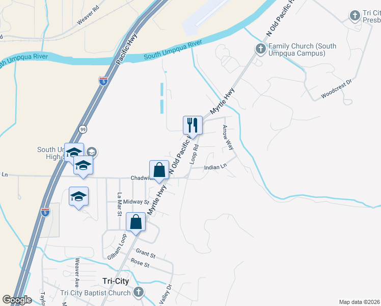 map of restaurants, bars, coffee shops, grocery stores, and more near 161 Loop Road in Myrtle Creek