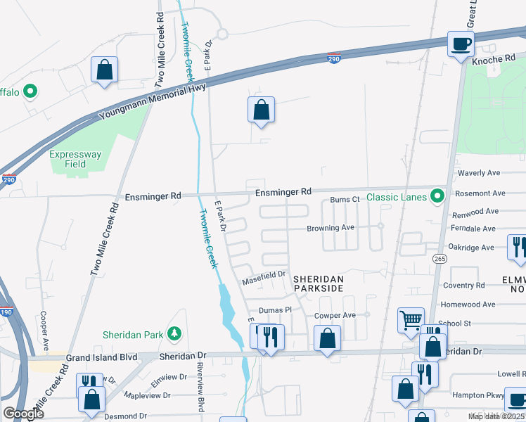 map of restaurants, bars, coffee shops, grocery stores, and more near 55 Longfellow Court in Tonawanda