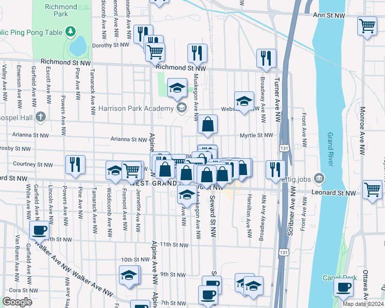 map of restaurants, bars, coffee shops, grocery stores, and more near 661 Crosby Street Northwest in Grand Rapids