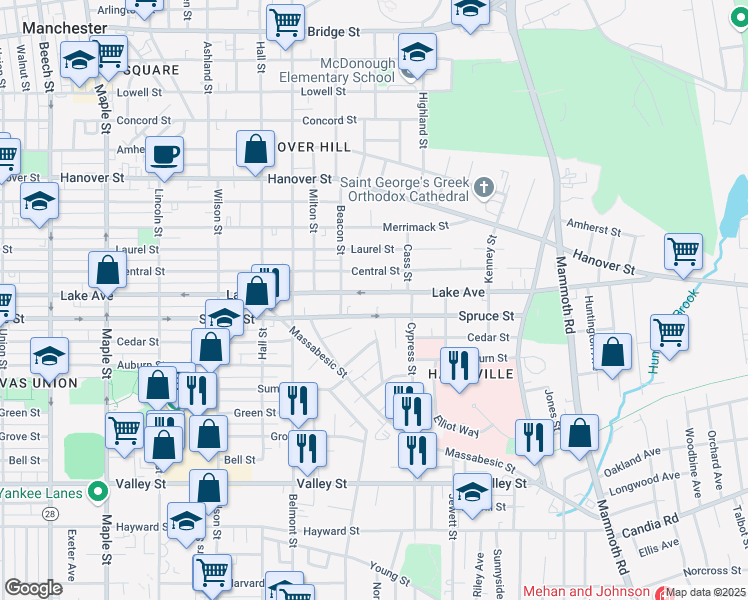 map of restaurants, bars, coffee shops, grocery stores, and more near 523 Lake Avenue in Manchester