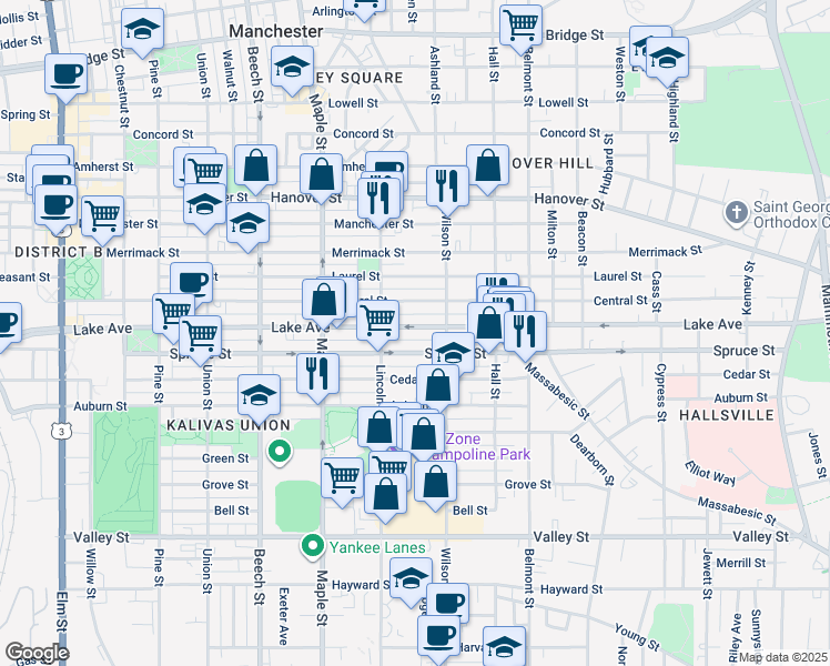 map of restaurants, bars, coffee shops, grocery stores, and more near 373 Lake Avenue in Manchester