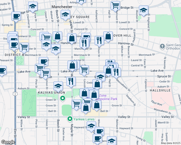 map of restaurants, bars, coffee shops, grocery stores, and more near 373 Lake Avenue in Manchester