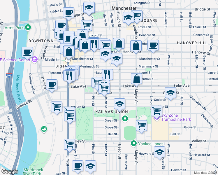 map of restaurants, bars, coffee shops, grocery stores, and more near 221 Lake Avenue in Manchester