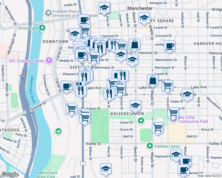 map of restaurants, bars, coffee shops, grocery stores, and more near 177 Lake Avenue in Manchester