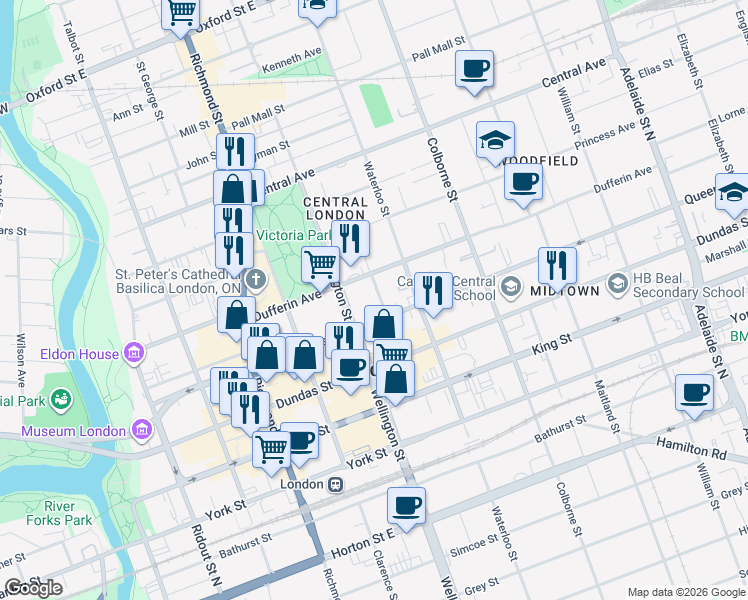 map of restaurants, bars, coffee shops, grocery stores, and more near in London