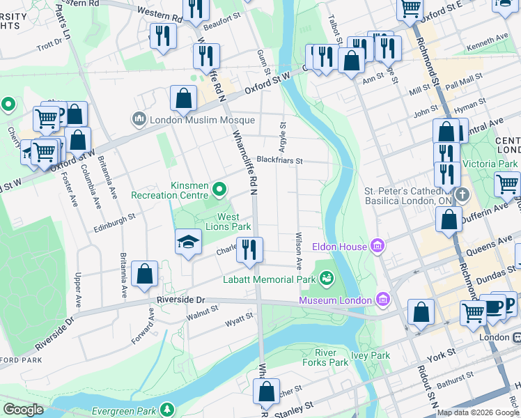 map of restaurants, bars, coffee shops, grocery stores, and more near 129 Wharncliffe Road North in London