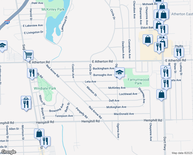 map of restaurants, bars, coffee shops, grocery stores, and more near 523 Leta Avenue in Flint