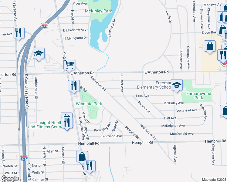 map of restaurants, bars, coffee shops, grocery stores, and more near 4021 Red Arrow Road in Flint
