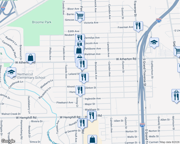 map of restaurants, bars, coffee shops, grocery stores, and more near 911 Leland Street in Flint