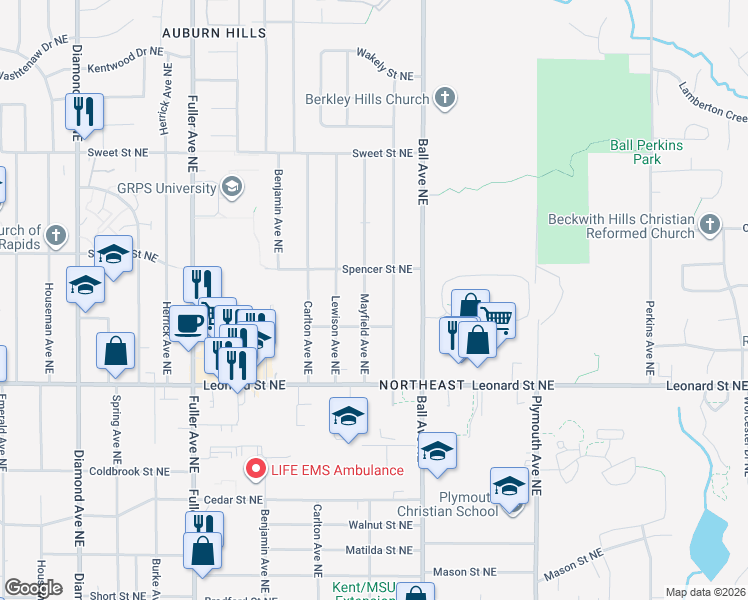 map of restaurants, bars, coffee shops, grocery stores, and more near 1330 Mayfield Avenue Northeast in Grand Rapids