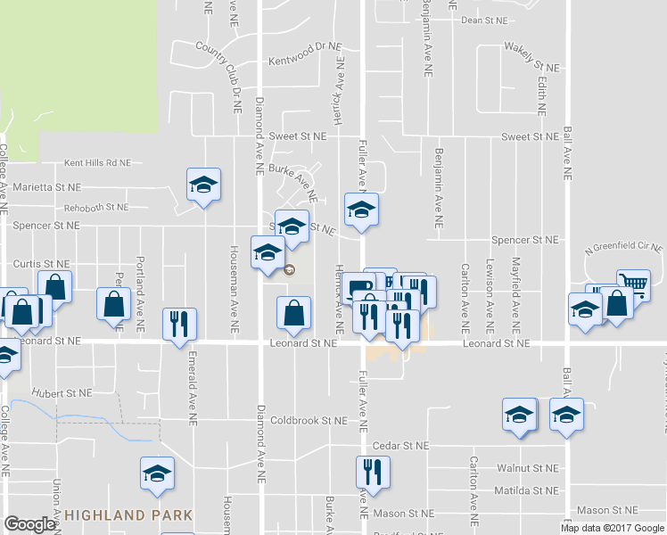 map of restaurants, bars, coffee shops, grocery stores, and more near 1323 Herrick Avenue Northeast in Grand Rapids