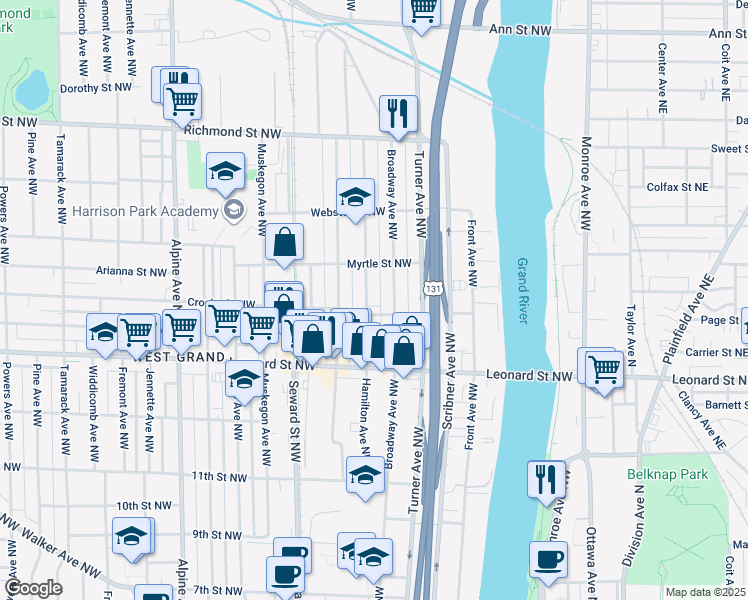 map of restaurants, bars, coffee shops, grocery stores, and more near 1312 Hamilton Avenue Northwest in Grand Rapids