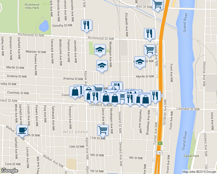 map of restaurants, bars, coffee shops, grocery stores, and more near 657 Crosby Street Northwest in Grand Rapids