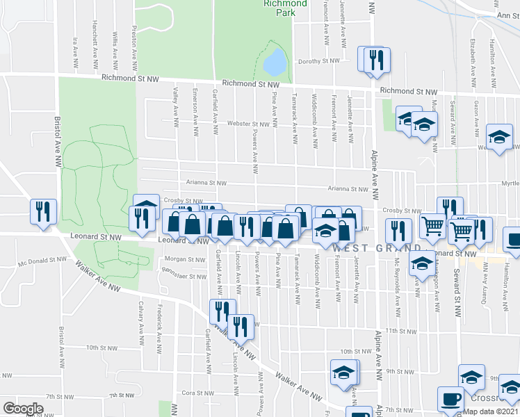 map of restaurants, bars, coffee shops, grocery stores, and more near 1048 Crosby Street Northwest in Grand Rapids