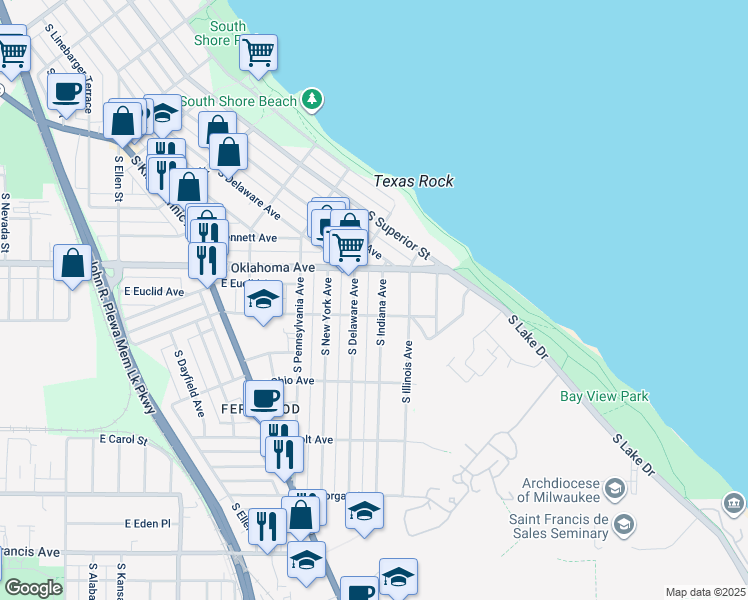 map of restaurants, bars, coffee shops, grocery stores, and more near 3147 South Indiana Avenue in Milwaukee
