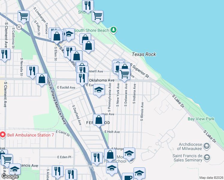 map of restaurants, bars, coffee shops, grocery stores, and more near 3148 South Pennsylvania Avenue in Milwaukee
