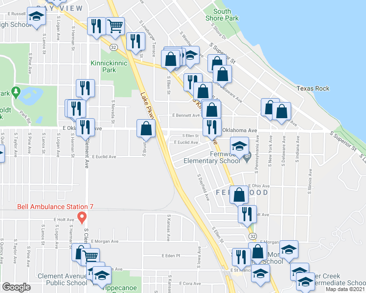 map of restaurants, bars, coffee shops, grocery stores, and more near 1821-1823 East Euclid Avenue in Milwaukee