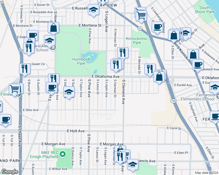 map of restaurants, bars, coffee shops, grocery stores, and more near 3155 South Logan Avenue in Milwaukee