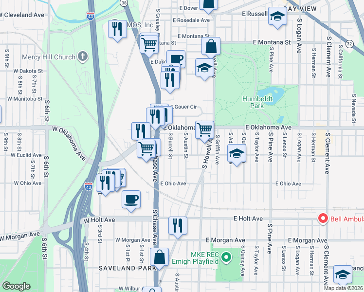 map of restaurants, bars, coffee shops, grocery stores, and more near 3155 South Austin Street in Milwaukee