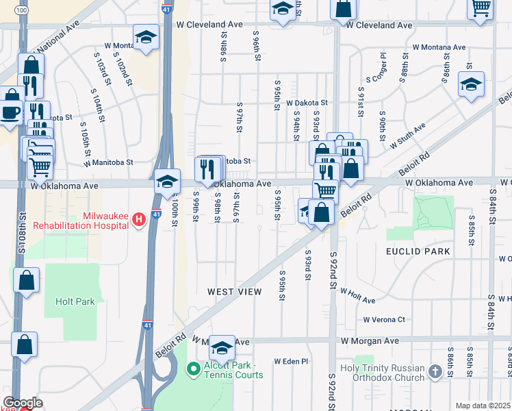 map of restaurants, bars, coffee shops, grocery stores, and more near 3147 South 95th Street in Milwaukee