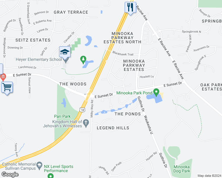 map of restaurants, bars, coffee shops, grocery stores, and more near 1312 Navajo Lane in Waukesha