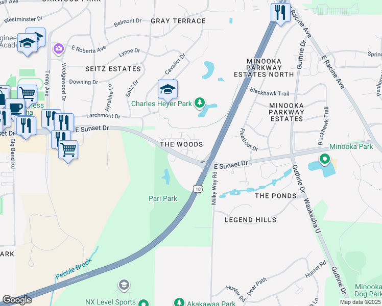 map of restaurants, bars, coffee shops, grocery stores, and more near 1341 Camden Way in Waukesha