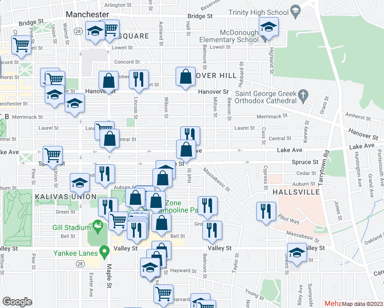 map of restaurants, bars, coffee shops, grocery stores, and more near 28 Massabesic Street in Manchester