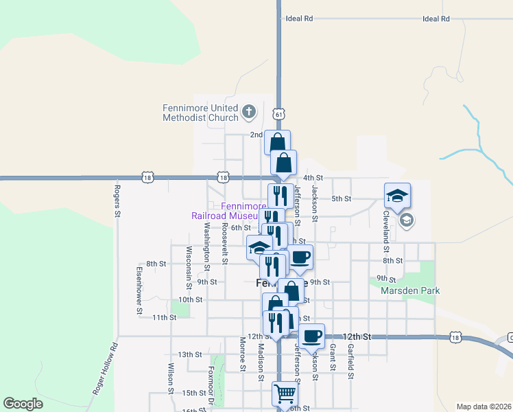 map of restaurants, bars, coffee shops, grocery stores, and more near 560 Madison Street in Fennimore