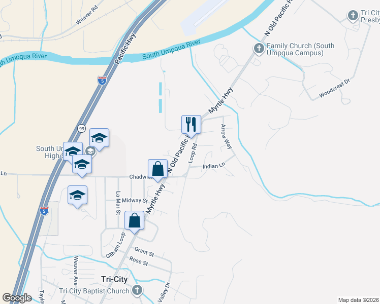 map of restaurants, bars, coffee shops, grocery stores, and more near 161 Loop Road in Myrtle Creek