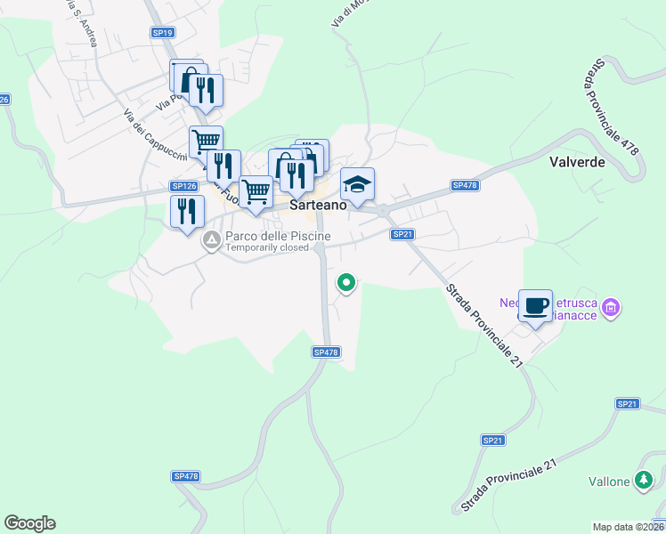 map of restaurants, bars, coffee shops, grocery stores, and more near 23 Viale Amiata in Sarteano