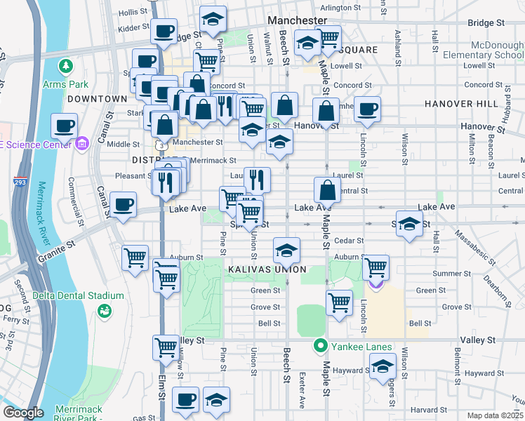 map of restaurants, bars, coffee shops, grocery stores, and more near 221 Lake Avenue in Manchester