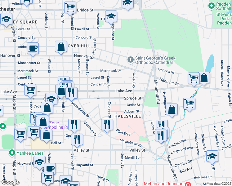 map of restaurants, bars, coffee shops, grocery stores, and more near 591 Lake Avenue in Manchester