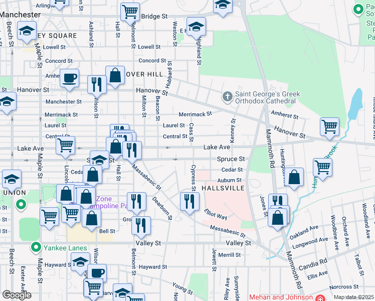 map of restaurants, bars, coffee shops, grocery stores, and more near 557 Lake Avenue in Manchester