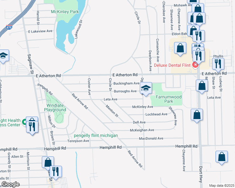 map of restaurants, bars, coffee shops, grocery stores, and more near 523 Leta Avenue in Flint