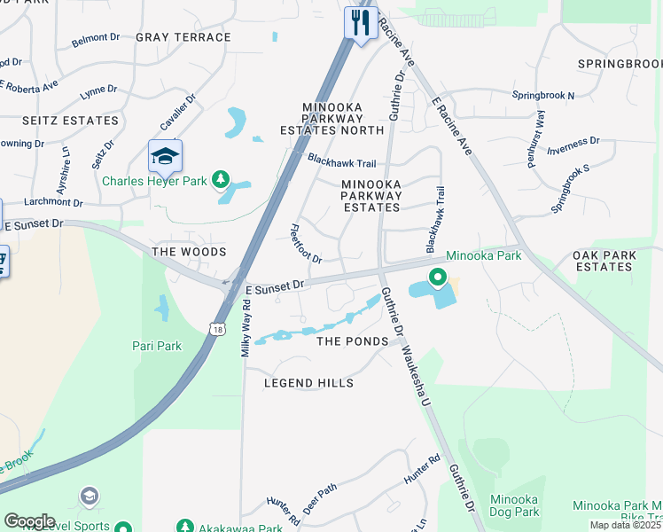 map of restaurants, bars, coffee shops, grocery stores, and more near 1331 Fleetfoot Drive in Waukesha