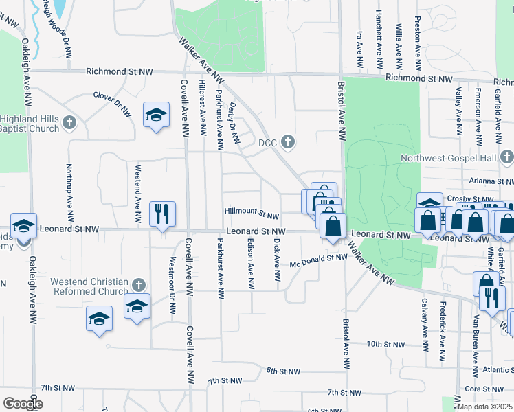 map of restaurants, bars, coffee shops, grocery stores, and more near 1841 Hillmount Street Northwest in Grand Rapids
