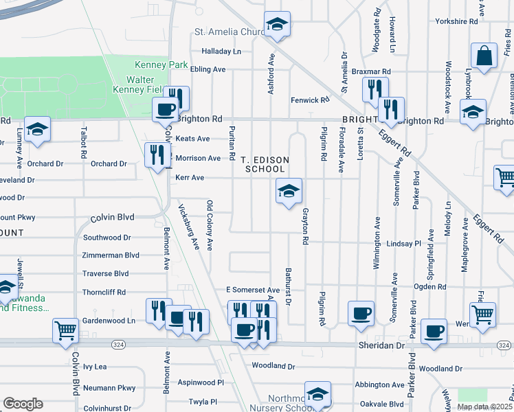 map of restaurants, bars, coffee shops, grocery stores, and more near 129 Cornwall Avenue in Tonawanda