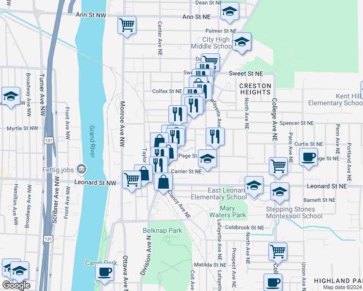 map of restaurants, bars, coffee shops, grocery stores, and more near 1330 Plainfield Avenue Northeast in Grand Rapids