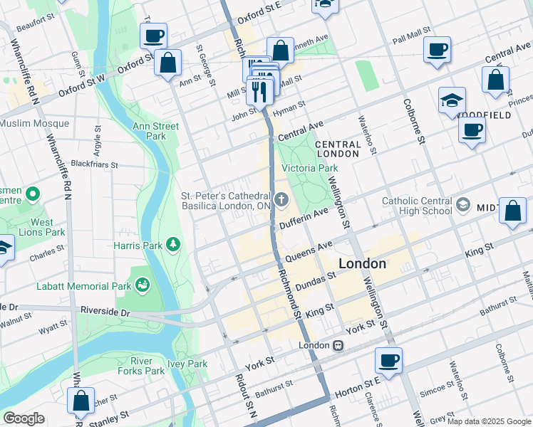 map of restaurants, bars, coffee shops, grocery stores, and more near in London