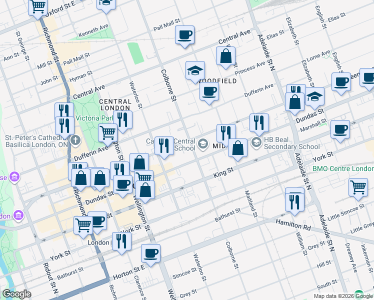 map of restaurants, bars, coffee shops, grocery stores, and more near 429 Colborne Street in London