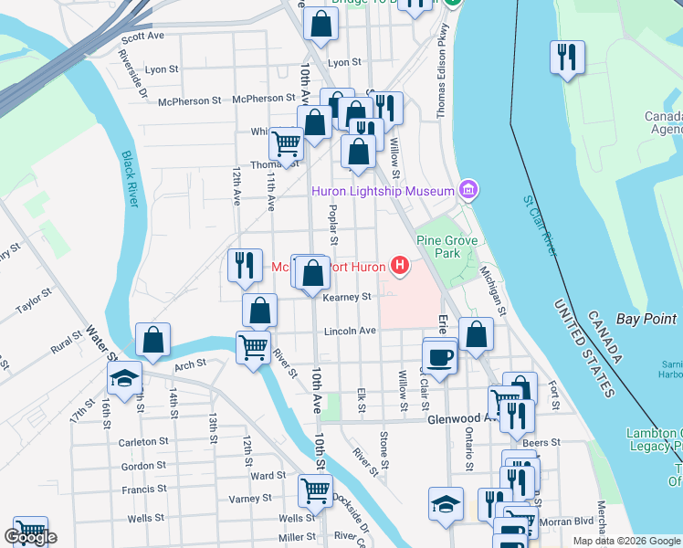 map of restaurants, bars, coffee shops, grocery stores, and more near 1216 Poplar Street in Port Huron