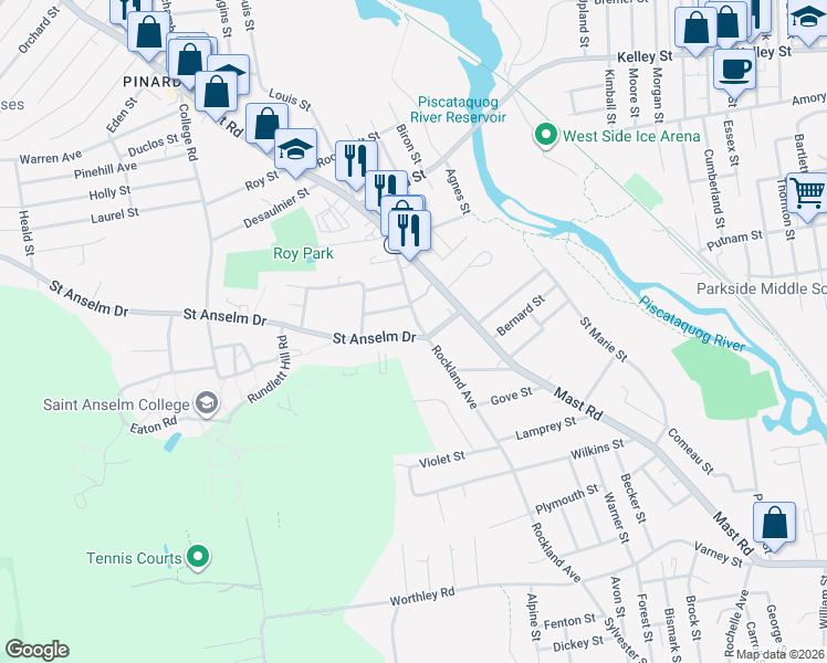 map of restaurants, bars, coffee shops, grocery stores, and more near 62 College Avenue in Manchester