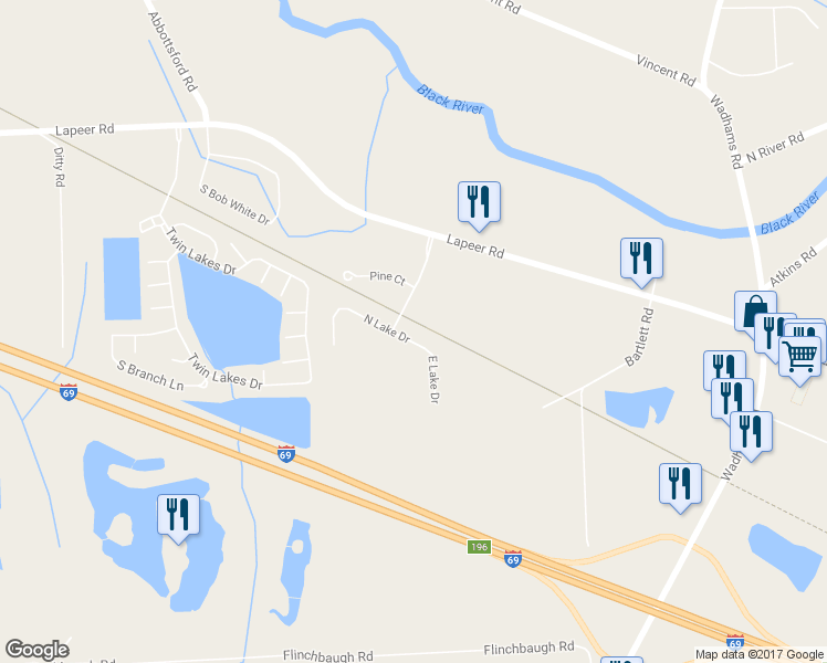 map of restaurants, bars, coffee shops, grocery stores, and more near 5652 North Lake Drive in Smiths Creek