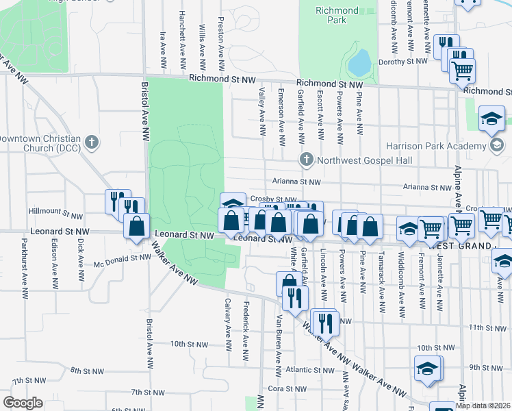 map of restaurants, bars, coffee shops, grocery stores, and more near 1312 Crosby Street Northwest in Grand Rapids