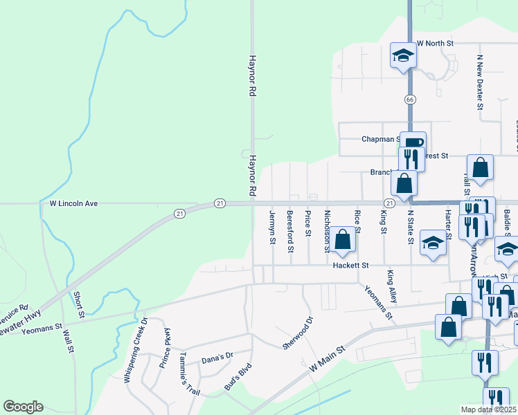 map of restaurants, bars, coffee shops, grocery stores, and more near 1115 West Lincoln Avenue in Ionia