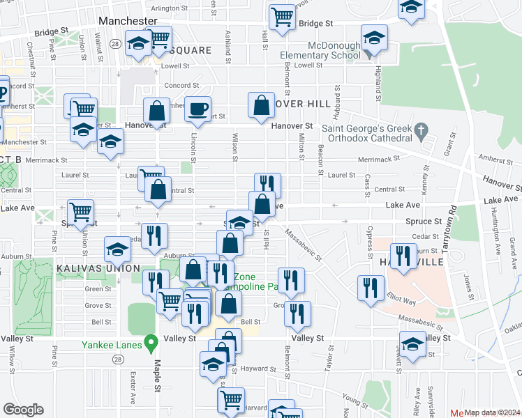map of restaurants, bars, coffee shops, grocery stores, and more near 425 Lake Avenue in Manchester